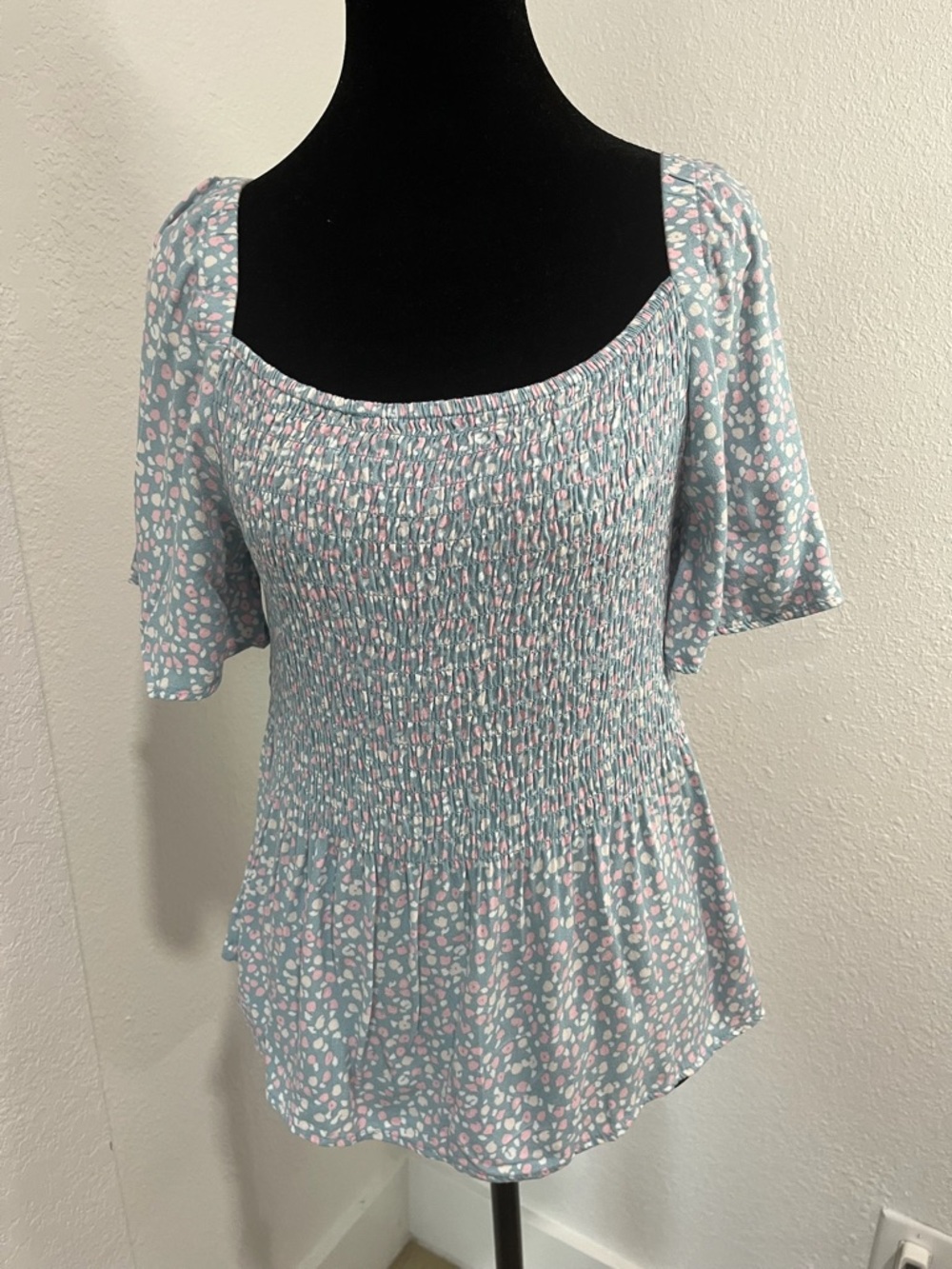 URBAN Romantics Light Blue Smocked Square Neck Top with Pink Accents